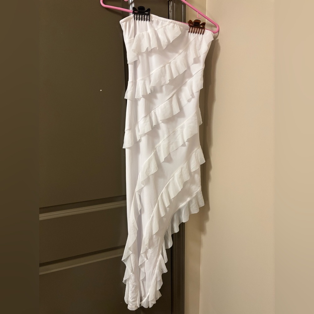 New White Ruffled Strapless Asymmetrical Dress